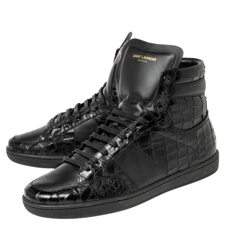 Pre Owned Saint Laurent Black Croc Embossed Leather High-Top Sneakers Size 42.5