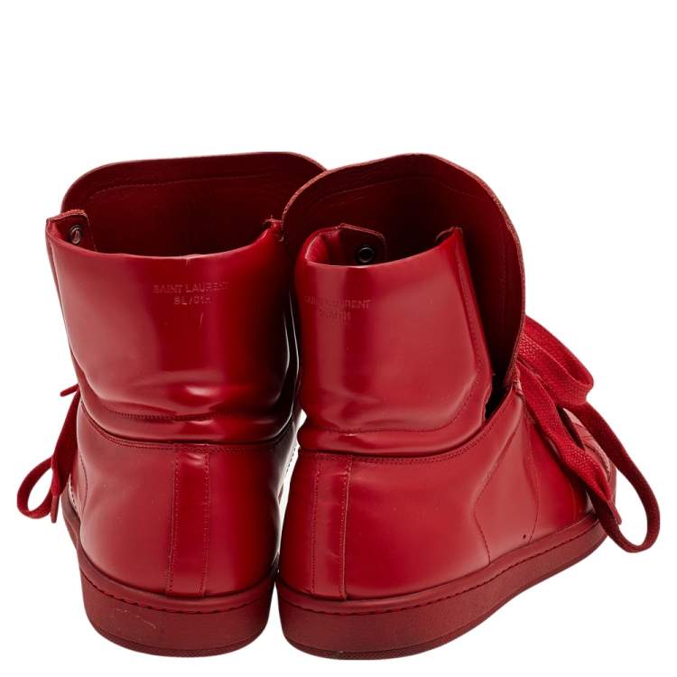 Pre Owned Saint Laurent Red Leather Signature Court Classic SL/01H High Top Sneakers Size 41