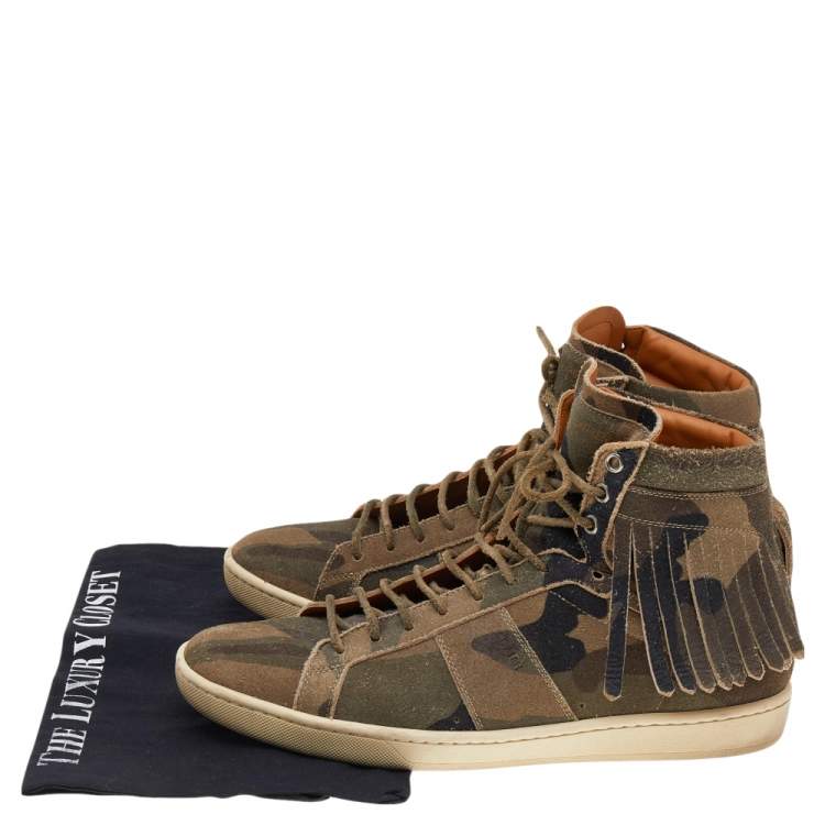 Pre Owned Saint Laurent Camouflage Suede Signature Court Classic SL/18H High Top Fringe Sneakers Size 41