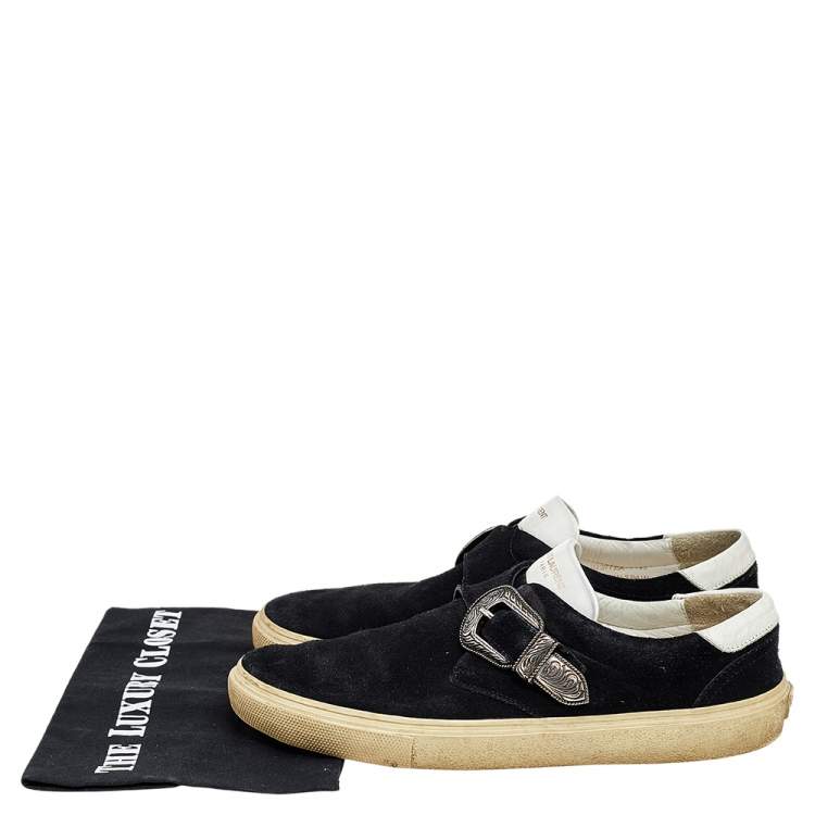 Pre Owned Saint Laurent Black/White Suede And Leather Buckle Slip On Sneakers Size 43