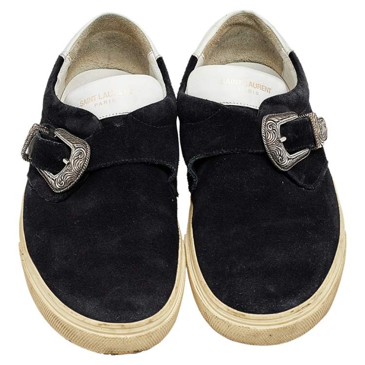 Pre Owned Saint Laurent Black/White Suede And Leather Buckle Slip On Sneakers Size 43