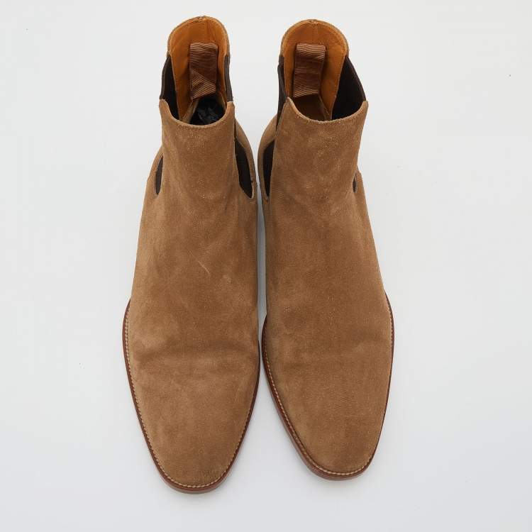 Pre Owned Saint Laurent Brown Suede And Stretch Band Chelsea Ankle Boots Size 42