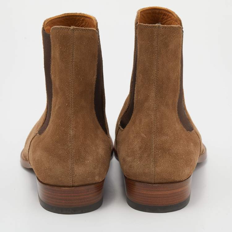 Pre Owned Saint Laurent Brown Suede And Stretch Band Chelsea Ankle Boots Size 42