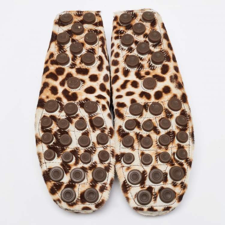 Pre Owned Saint Laurent Tri-Color Animal Print Calf Hair Tassel Bow Loafers Size 43
