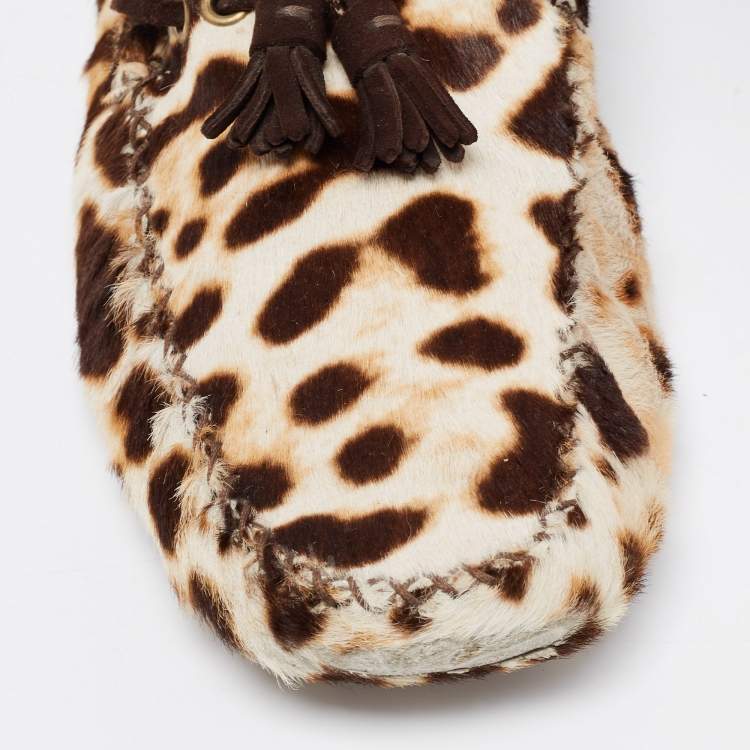 Pre Owned Saint Laurent Tri-Color Animal Print Calf Hair Tassel Bow Loafers Size 43