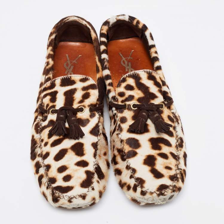 Pre Owned Saint Laurent Tri-Color Animal Print Calf Hair Tassel Bow Loafers Size 43