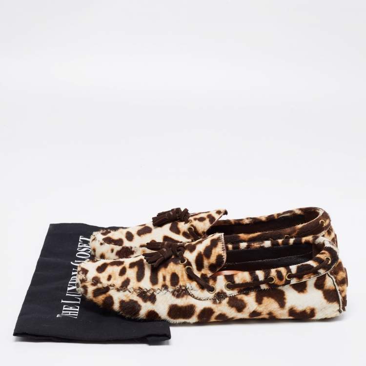 Pre Owned Saint Laurent Tri-Color Animal Print Calf Hair Tassel Bow Loafers Size 43