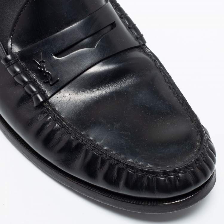 Pre Owned Saint Laurent Black Leather Monogram Penny Loafers Size 44
