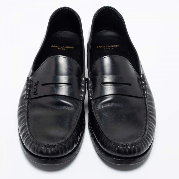 Pre Owned Saint Laurent Black Leather Monogram Penny Loafers Size 44