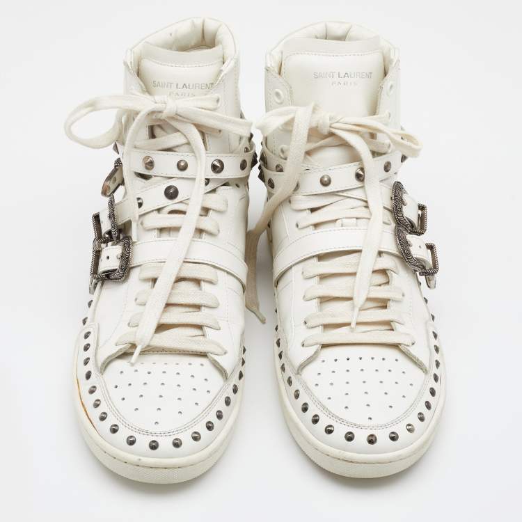 Pre Owned Saint Laurent White Leather Studded High Top Sneakers Size 44