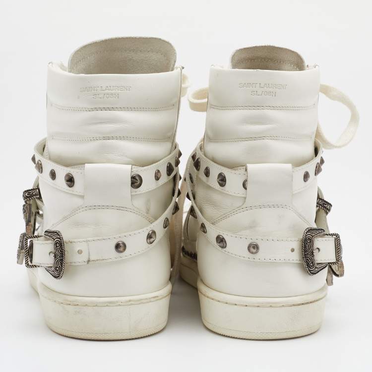 Pre Owned Saint Laurent White Leather Studded High Top Sneakers Size 44