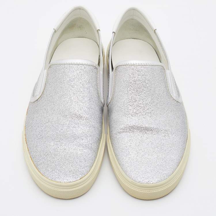 Pre Owned Saint Laurent Metallic Silver Glitter Slip On Sneakers Size 43