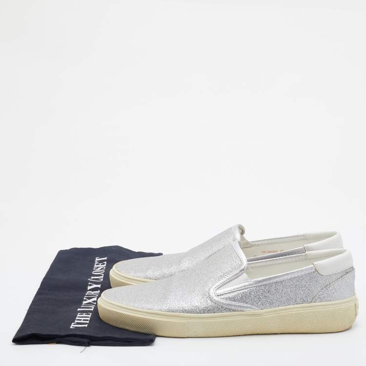 Pre Owned Saint Laurent Metallic Silver Glitter Slip On Sneakers Size 43