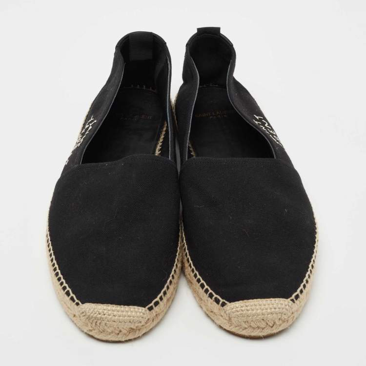 Pre Owned Saint Laurent Black Canvas Embroidered Logo Slip On Espadrilles Size 44