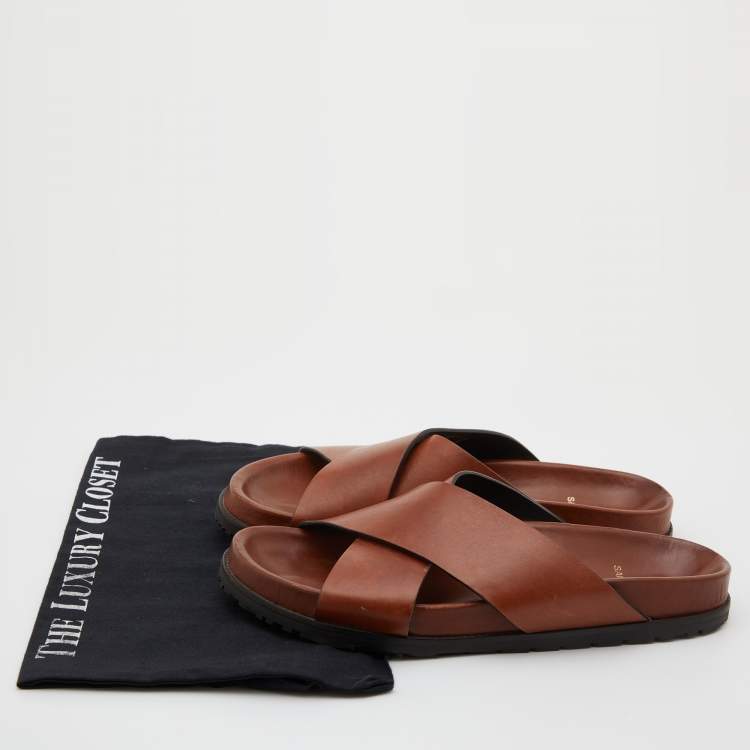 Pre Owned Saint Laurent Brown Leather Criss Cross Flat Slide Sandals Size 38.5