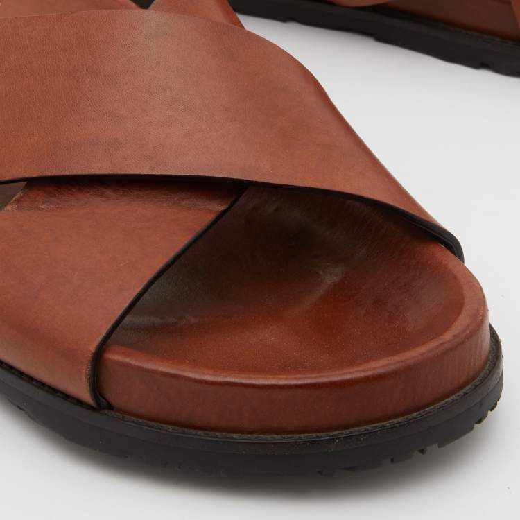 Pre Owned Saint Laurent Brown Leather Criss Cross Flat Slide Sandals Size 38.5