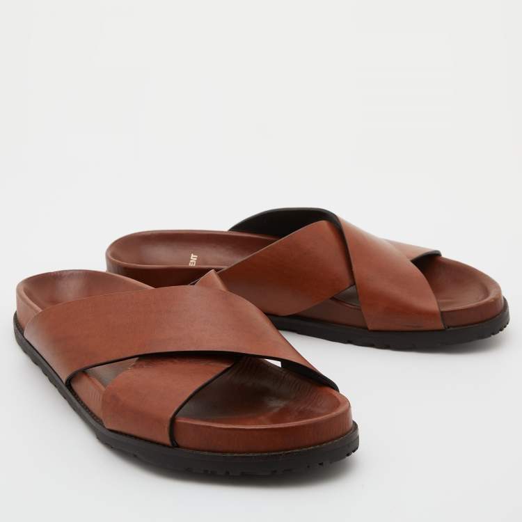 Pre Owned Saint Laurent Brown Leather Criss Cross Flat Slide Sandals Size 38.5