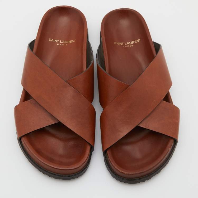 Pre Owned Saint Laurent Brown Leather Criss Cross Flat Slide Sandals Size 38.5