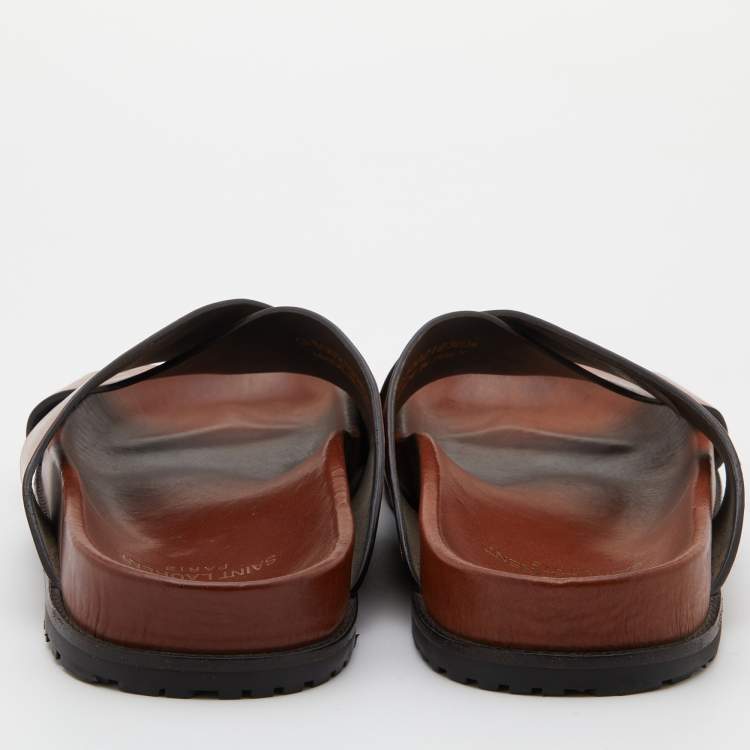 Pre Owned Saint Laurent Brown Leather Criss Cross Flat Slide Sandals Size 38.5