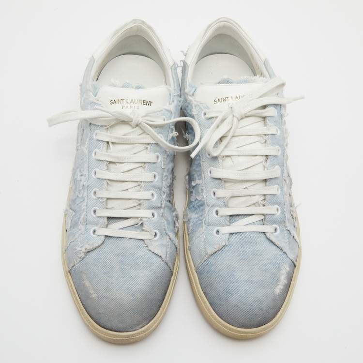 Pre Owned Saint Laurent Blue/White Denim and Leather Star Low Top Sneakers Size 45