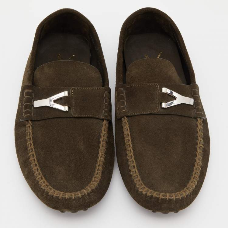 Pre Owned Saint Laurent Olive Green Suede Slip On Loafers Size 42