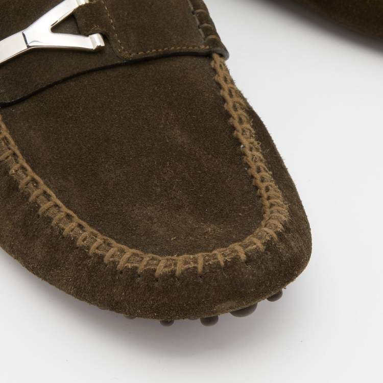 Pre Owned Saint Laurent Olive Green Suede Slip On Loafers Size 42