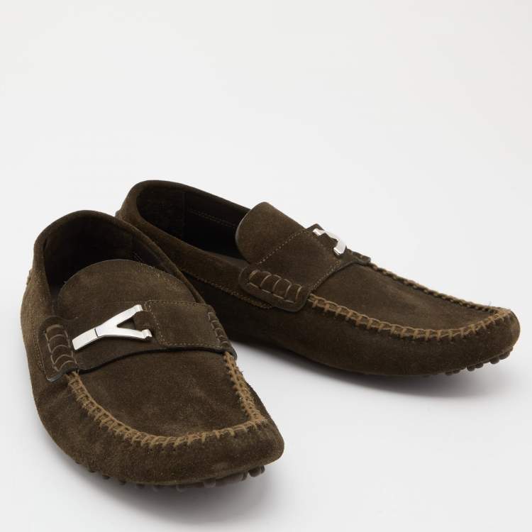 Pre Owned Saint Laurent Olive Green Suede Slip On Loafers Size 42