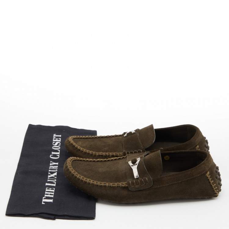 Pre Owned Saint Laurent Olive Green Suede Slip On Loafers Size 42