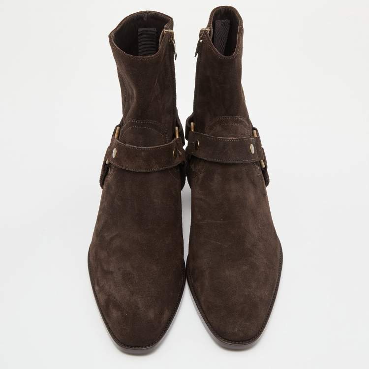 Pre Owned  Saint Laurent Dark Brown Suede Ankle Boots Size 42