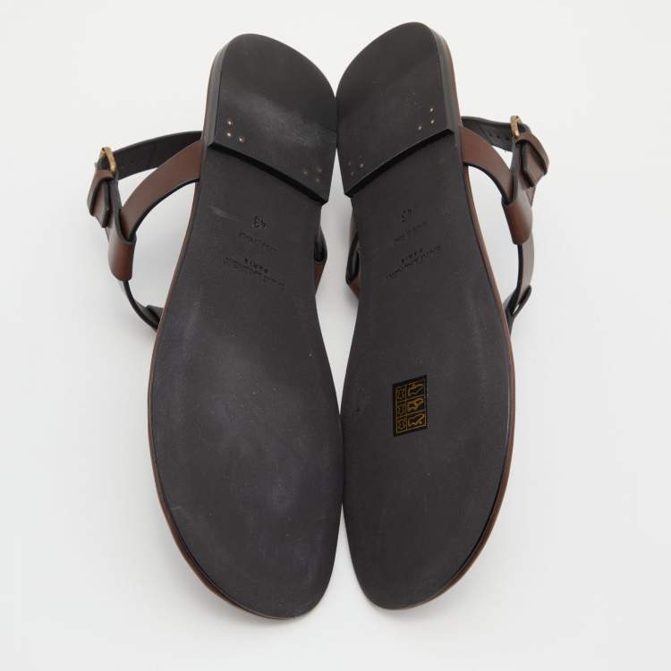 Pre Owned Saint Laurent Brown Leather Cassandre Flat Thong Sandals Size 43