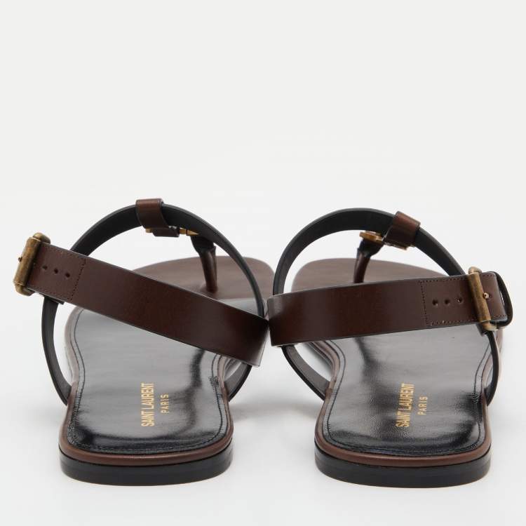 Pre Owned Saint Laurent Brown Leather Cassandre Flat Thong Sandals Size 43