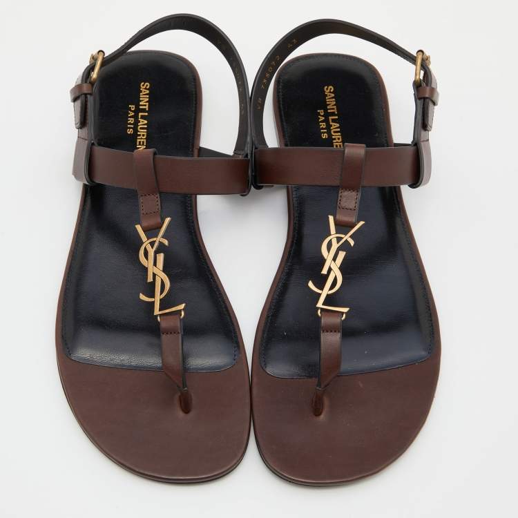 Pre Owned Saint Laurent Brown Leather Cassandre Flat Thong Sandals Size 43