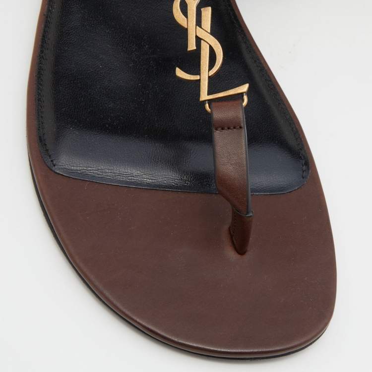 Pre Owned Saint Laurent Brown Leather Cassandre Flat Thong Sandals Size 43