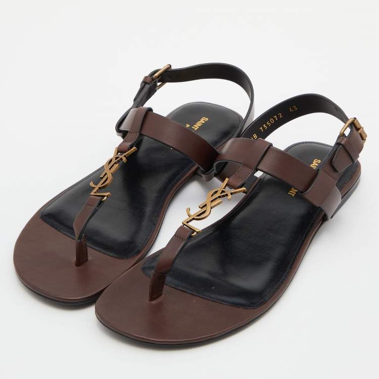 Pre Owned Saint Laurent Brown Leather Cassandre Flat Thong Sandals Size 43