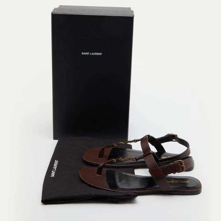 Pre Owned Saint Laurent Brown Leather Cassandre Flat Thong Sandals Size 43