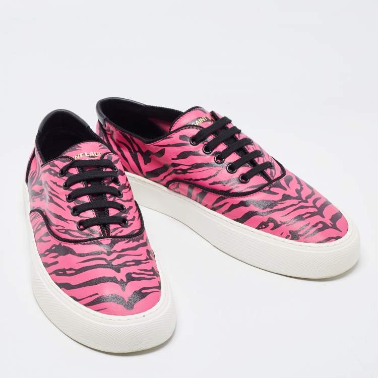 Pre Owned Saint Laurent Pink/Black Leather Zebra Print Venice Sneakers Size 43