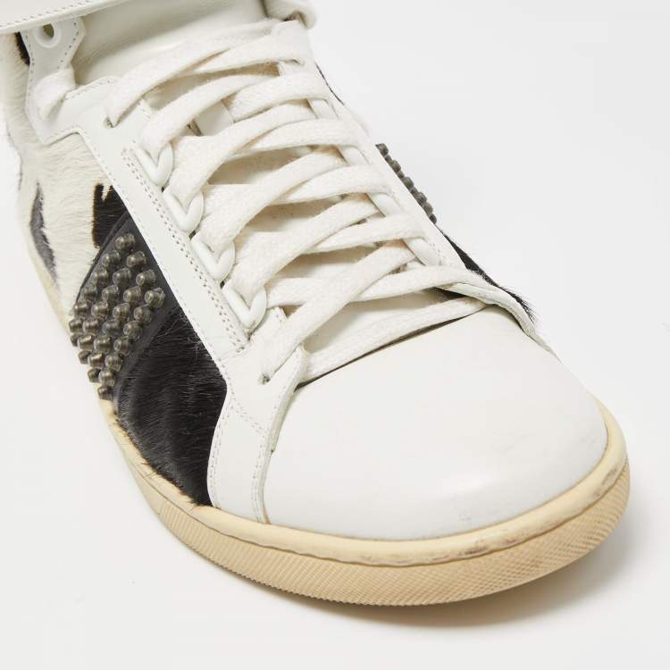 Pre Owned Saint Laurent Black/White Leather and Calf Hair Studded High Top Sneakers Size 41