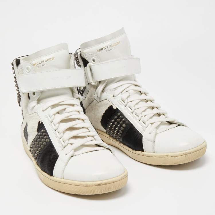 Pre Owned Saint Laurent Black/White Leather and Calf Hair Studded High Top Sneakers Size 41