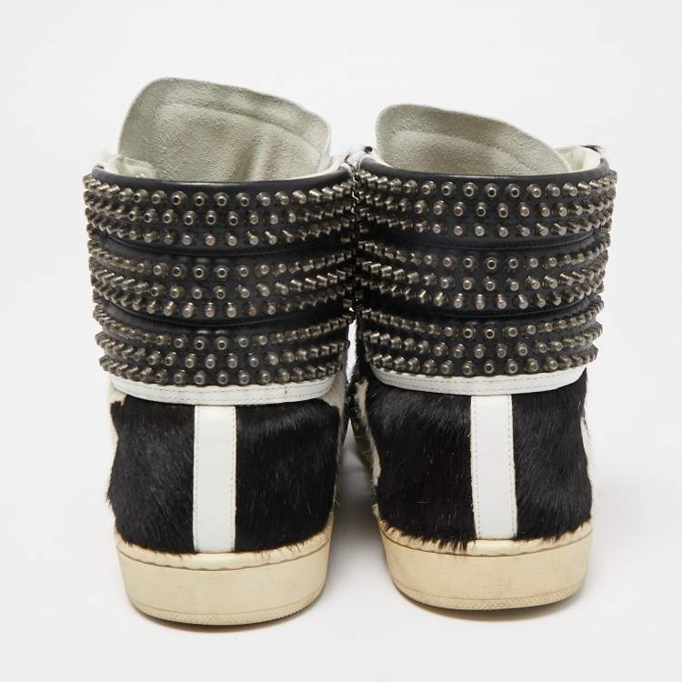 Pre Owned Saint Laurent Black/White Leather and Calf Hair Studded High Top Sneakers Size 41