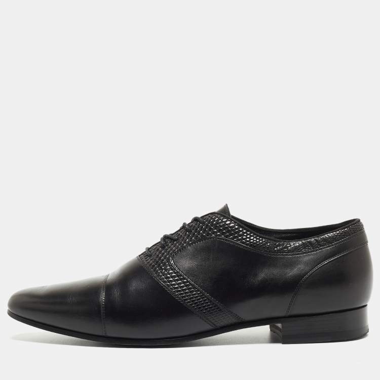 Pre Owned Saint Laurent Black Leather and Embossed Lizard Lace Up Oxfords Size 44