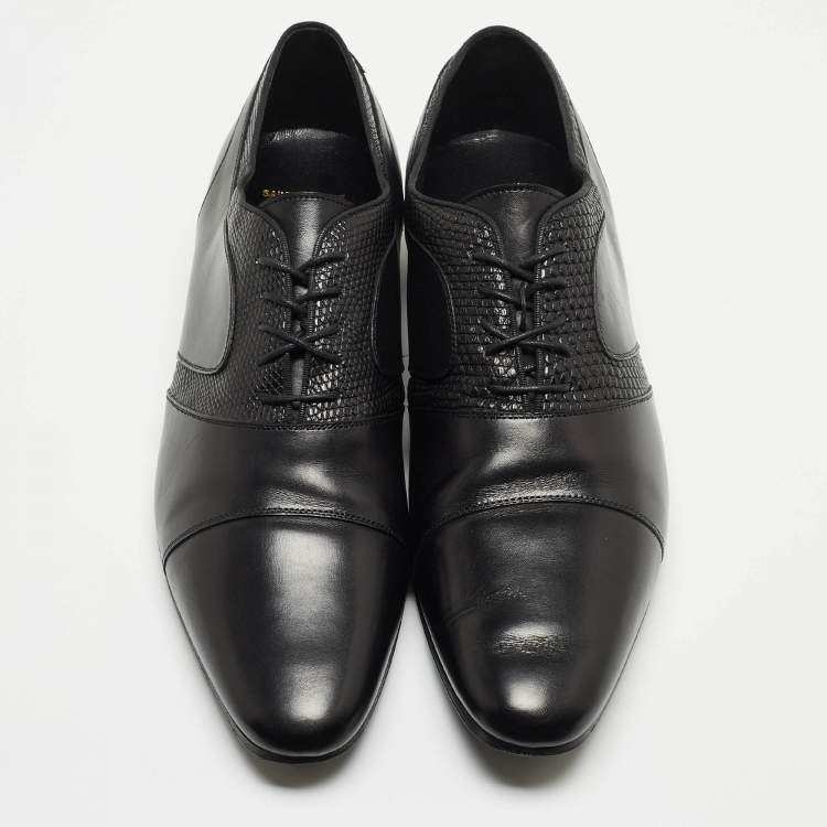 Pre Owned Saint Laurent Black Leather and Embossed Lizard Lace Up Oxfords Size 44