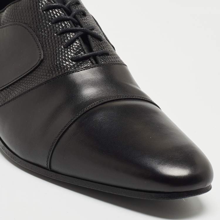 Pre Owned Saint Laurent Black Leather and Embossed Lizard Lace Up Oxfords Size 44