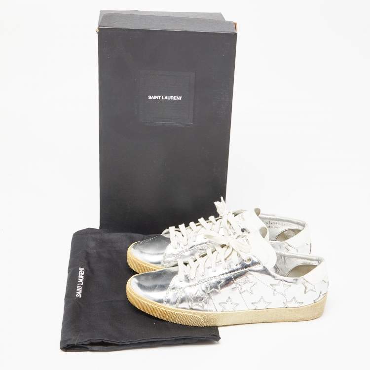 Pre Owned Saint Laurent Silver Leather Low Top Sneakers Size 42