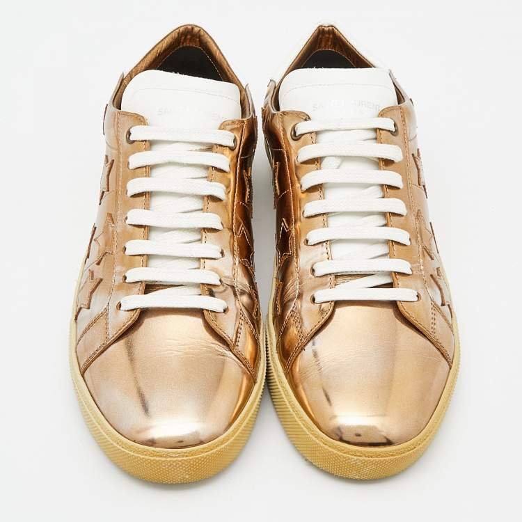 Pre Owned Saint Laurent Gold/White Leather Low Top Sneakers Size 42