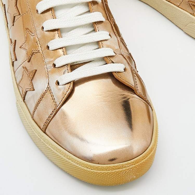 Pre Owned Saint Laurent Gold/White Leather Low Top Sneakers Size 42