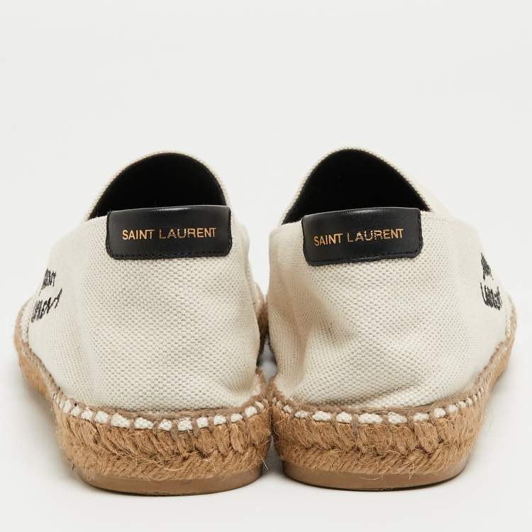Pre Owned Saint Laurent Cream Canvas Logo Embroidered Espadrille Flats Size 43