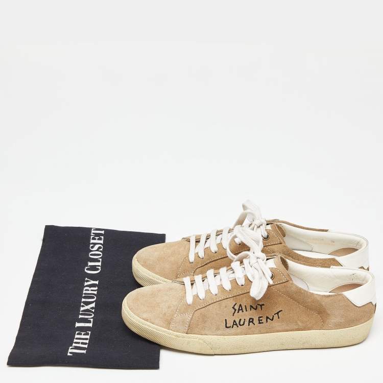 Pre Owned Saint Laurent Brown Suede Court Classic Logo Sneakers Size 39
