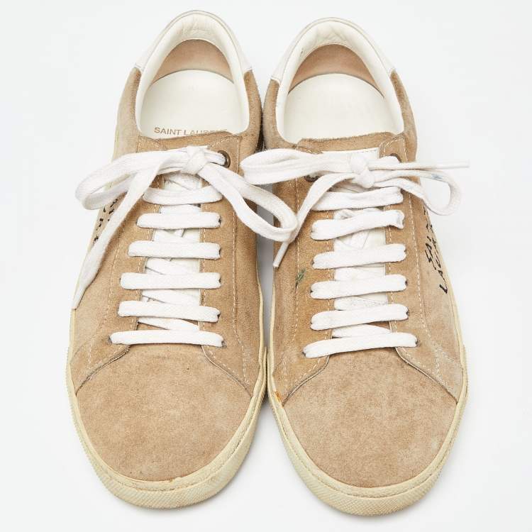 Pre Owned Saint Laurent Brown Suede Court Classic Logo Sneakers Size 39