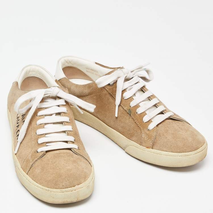 Pre Owned Saint Laurent Brown Suede Court Classic Logo Sneakers Size 39