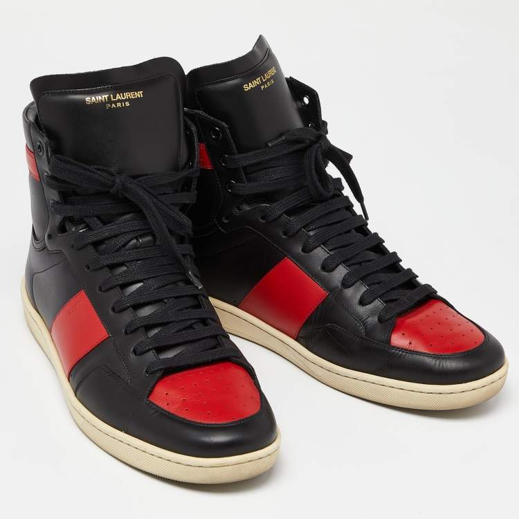 Pre Owned Saint Laurent Black/Red Leather SL-10H High Top Sneakers Size 45